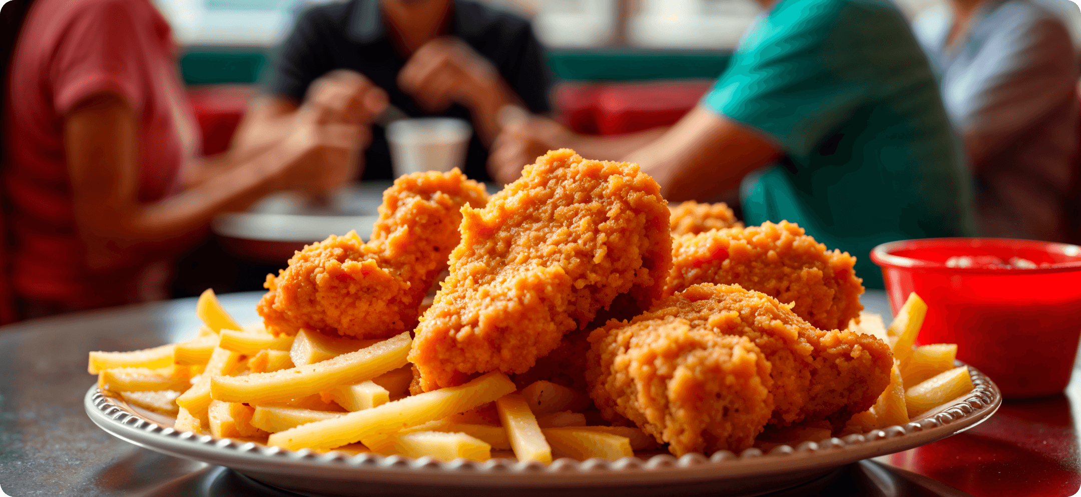 Crispy chicken tenders and fries on a plate, guests in the background