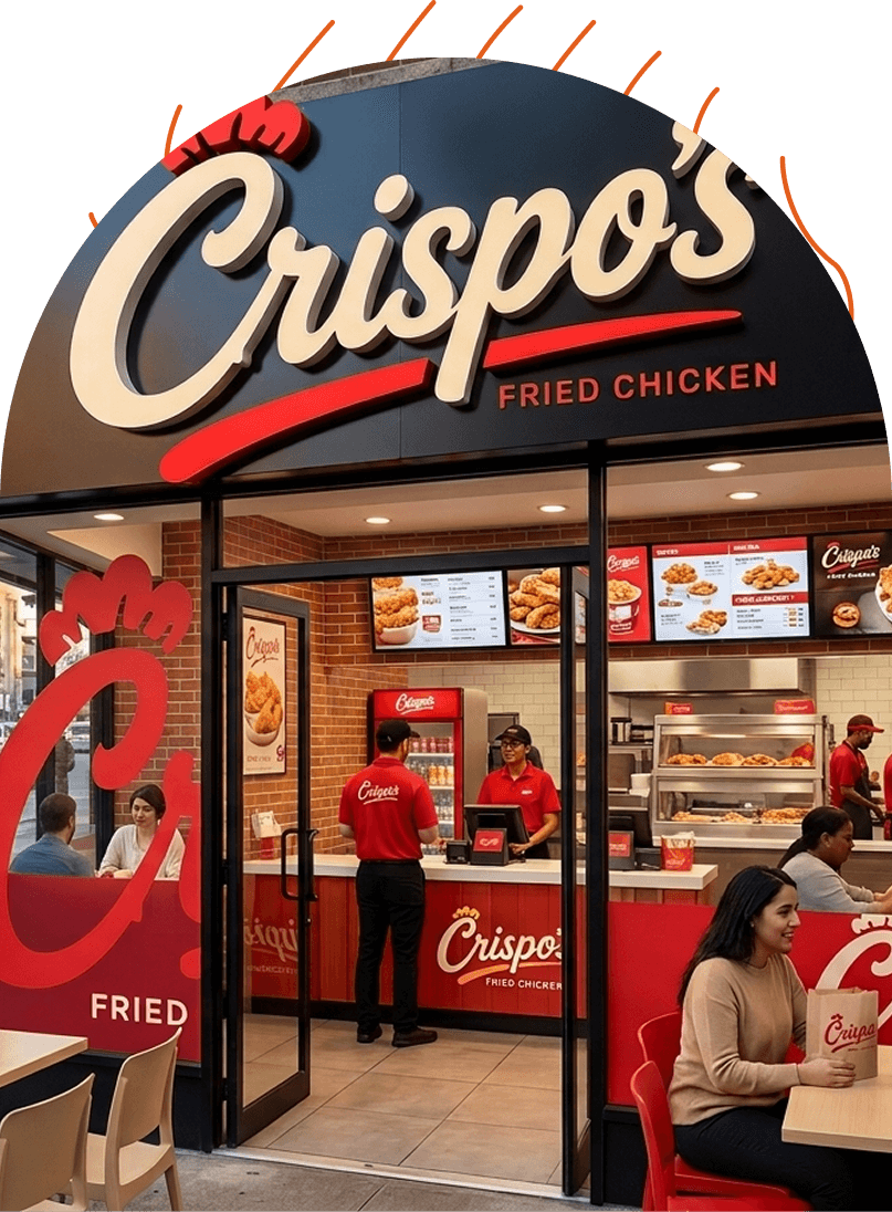 A Crispo’s Fried Chicken storefront with guests inside