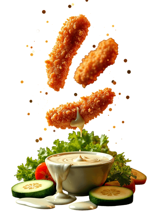 Crispy tenders dropping into a creamy dip bowl with salad