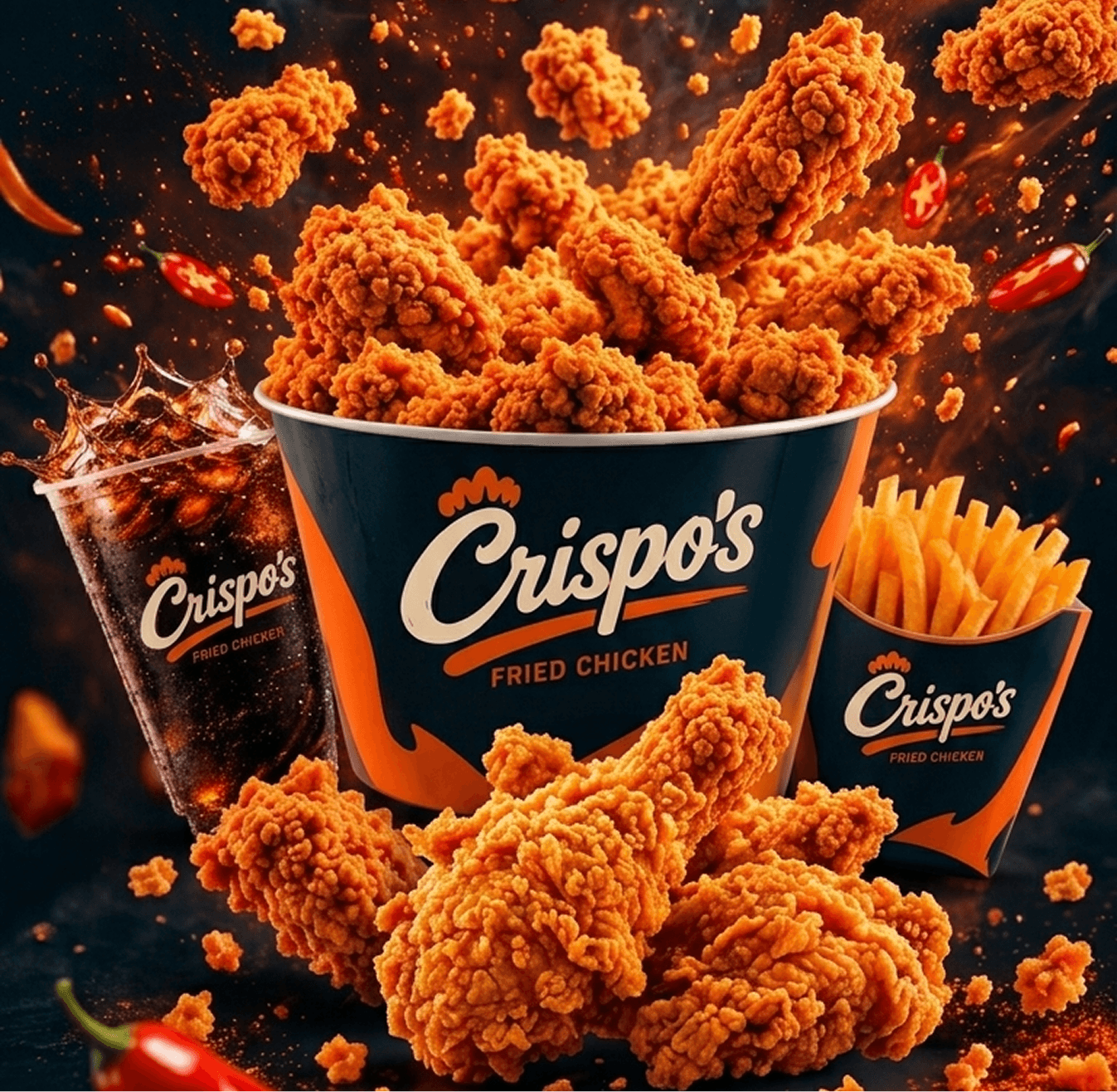A Crispo’s bucket overflowing with crispy fried chicken, with fries and a cola